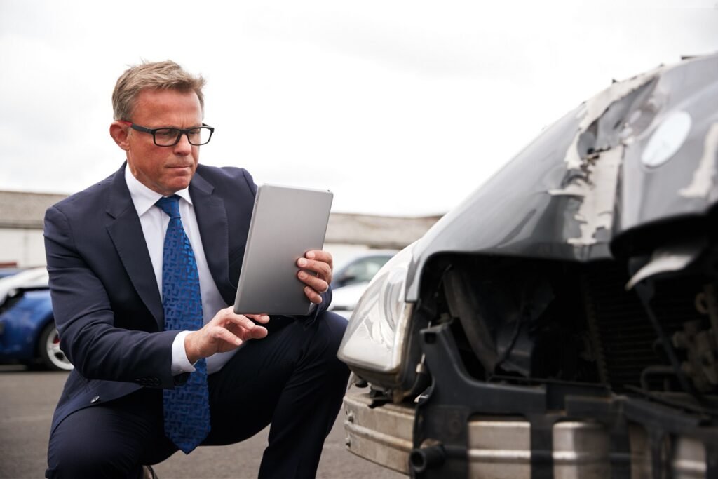 Man using his device to perform Loss Adjusting on a damaged car.